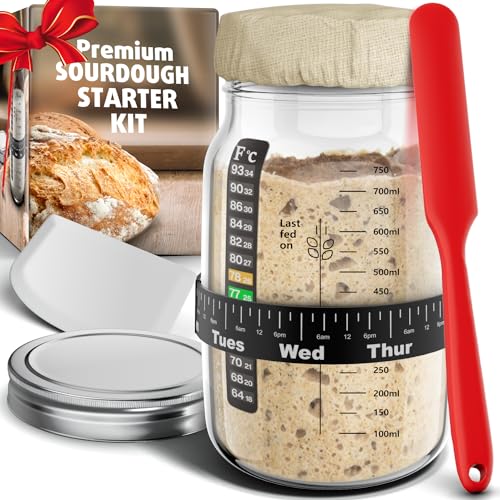 Ultimate Sourdough Starter Jar Kit 31.8 oz - Reusable Sourdough Jar for Easy Bread Baking - Perfect to Make Your Sour Dough Bread Dough Starter - Easy to Use & Clean Complete Sourdough Starter Kit