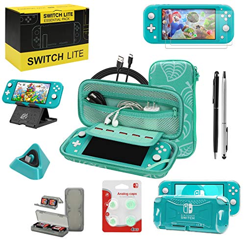 Switch Lite Accessories Bundle, Kit with Carrying Case,TPU Case Cover with Screen Protector,Charging Dock,Playstand, Game Case, USB Cable, Stylus,Thumb Grip Caps for Nintendo Switch Lite (Turquoise)