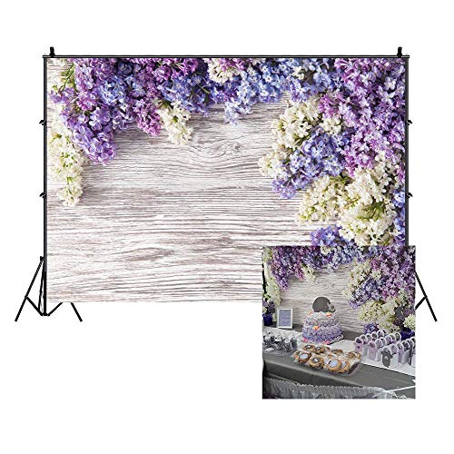 LFEEY 7x5ft Wooden Plank Photography Backdrops Purple Lilac Flowers Rustic Vintage Wood Wall Newborn Baby Shower Girls Adult Portrait Photo Background Kids Birthday Party Decor Photoshoot Studio Props