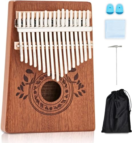 UNOKKI Kalimba 17 Key Thumb Piano, Portable Mahogany Mbira Finger Piano with Instruction, Carrying Bag, Tune Hammer, Reduce Stress, Gift for Well-being for Kids, Adults, Men, Music Lovers- Light Brown