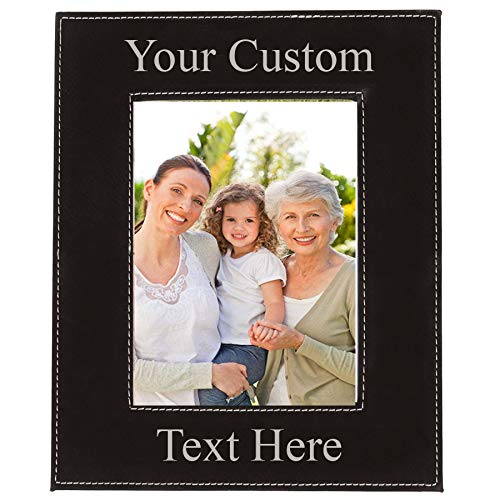 Personalized Add Your Custom Text Engraved Leatherette Faux Leather Hanging/Tabletop Personalized Group Family Photo Picture Frame (4x6-inch Vertical, Black)