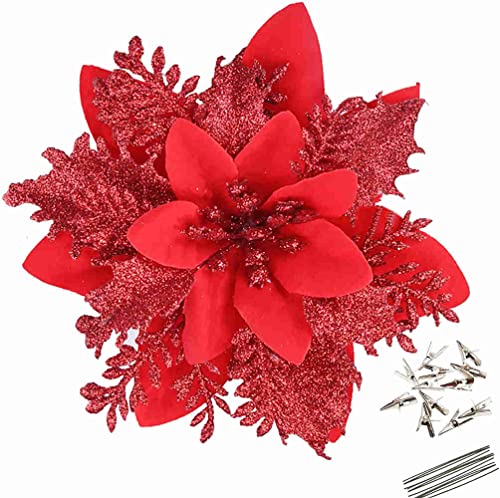 GREENTIME 12 Pcs Glitter Poinsettia 5.5' Artificial Flowers Christmas with Clips Stems Xmas Tree Ornaments for Wedding Party Wreath Decoration (Light Red)