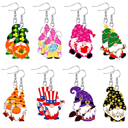 8 Pairs Gnome Earrings for Women Gnome Jewelry Gift Women's Drop and Dangle Earrings for Easter Mother's Day Summer Valentine's Day Christmas New Year(Vivid Style)