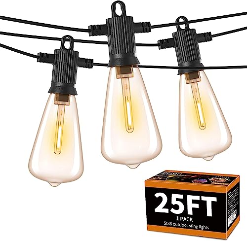 ZOTOYI Outdoor String Lights 25FT, Waterproof IP65 Patio Lights with 13 Shatterproof ST38 LED Bulbs(1 Spare), Outside Hanging Lights Dimmable for Backyard, Bistro, Cafe, Garden 2700K Warm White