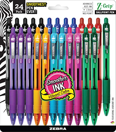 Zebra Pen Z-Grip Retractable Ballpoint Pen, Medium Point, 1.0mm, Assorted Fashion Colors, 24-pack