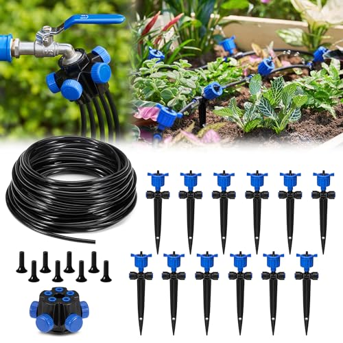HIRALIY 50FT Garden Watering System with 12Pcs Pressure Compensation Drippers and 5-Way Connector, New Quick Connector Drip Irrigation Kits, Irrigation System for Plant