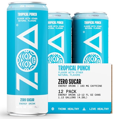 ZOA Zero Sugar Energy Drinks, Tropical Punch - Sugar Free with Electrolytes, Healthy Vitamin C, Amino Acids, Essential B-Vitamins, and Caffeine from Green Tea - 12 Fl Oz (12-Pack)