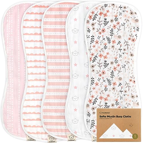 5-Pack Muslin Burp Cloths for Baby Boys and Girls - Organic Baby Burp Cloth, Viscose Derived from Bamboo Cotton Baby Washcloths, Burp Rags, Large Neutral Burp Clothes for Newborn (Sweet Charm)