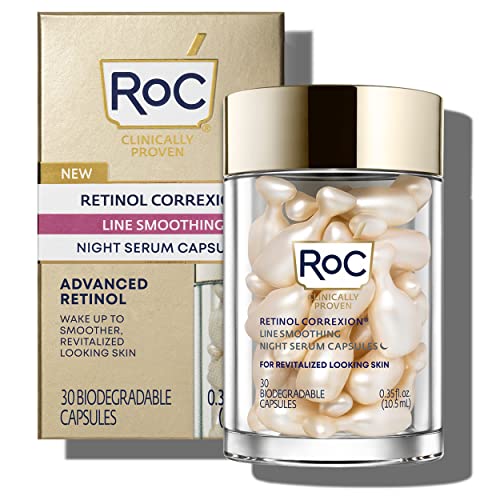 RoC Retinol Correxion Anti-Aging Wrinkle Night Serum, Daily Line Smoothing Treatment for Fine Lines, Dark Spots, Post-Acne Scars, Unscented, Stocking Stuffers, 30 Individual Capsules, 0.35 Ounces