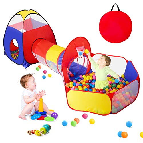 GeerWest 3 in 1 Kids Play Tent for Toddler with Baby Ball Pit and Play Tunnel, Children Indoor Outdoor Playhouse with Climbing Tunnel Toy for Toddlers, Boys and Girls Best Birthday Gifts