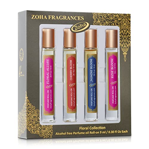 Zoha, Floral Collection Perfume Gift-Set for Women and Men, Alcohol-Free Hypoallergenic Vegan Fragrance Oil, Four Roll-On 9 ml/0.30 Oz Each