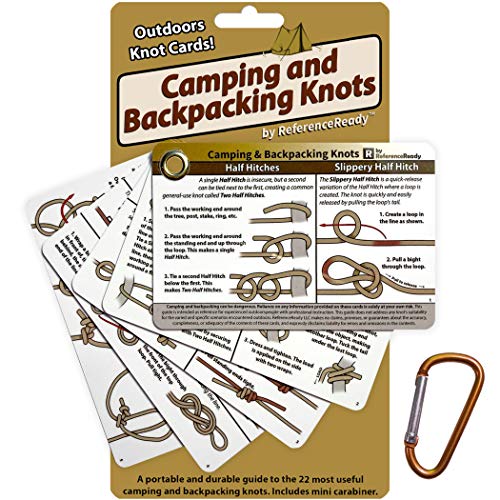 ReferenceReady Outdoor Knots - Waterproof Knot Tying Cards with Mini Carabiner - Includes 22 Rope Knots for Camping, Backpacking, & Scouting Scenarios