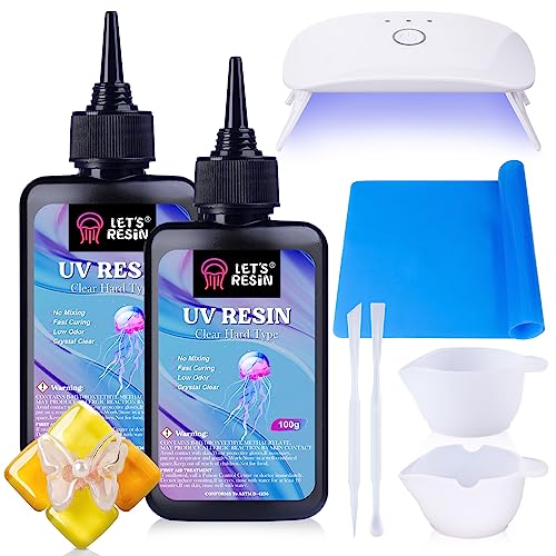 LET'S RESIN UV Resin with Light,Upgraded 200g Crystal Clear&Low Odor UV Resin Kit,UV Light,Silicone Mat,Ultraviolet Epoxy Resin Hard,UV Resin Starter Kit for Jewelry,Craft Decor