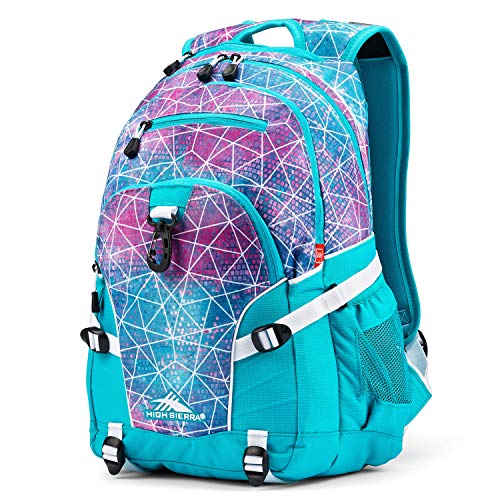 High Sierra Loop Backpack, Travel, or Work Bookbag with tablet sleeve, One Size, Sequin Facets/Bluebird/White