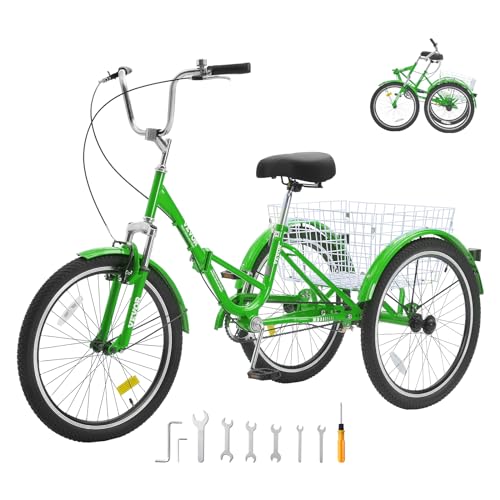 VEVOR Folding Adult Tricycle, 20-Inch Adult Folding Trikes, Carbon Steel 3 Wheel Cruiser Bike with Large Basket & Adjustable Seat, Shopping Picnic Foldable Tricycles for Women, Men, Seniors (Green)