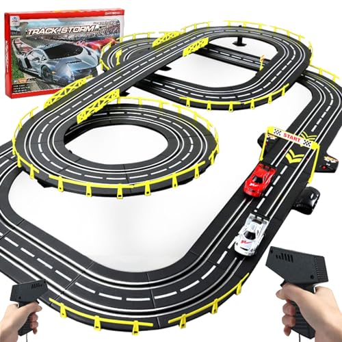 Electric Slot Car Race Track Sets, Wide Lane Race Car Track with 4 High-Speed Slot Cars 1:43 with Headlights and Dual Racing, 2 Hand Controllers, Toys for Boys Kids Children Age 6-12