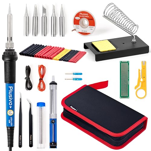 Soldering Iron Kit - 60W Soldering Iron Adjustable Temperature, Solder Wire, Tweezers, Soldering Iron Stand, 5 pcs Solder Tips, Desoldering Pump, Solder Wick, Heatshrink Tubes [110 V, US Plug]