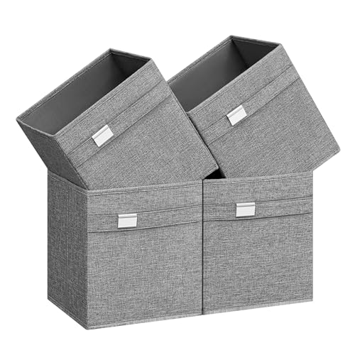 SONGMICS Storage Cubes, Set of 4 Cube Storage Bins, 10.2 x 10.2 x 11 Inches, 2 Handles, Oxford Fabric and Linen-Look Fabric, Easy to Clean, Foldable, Metal Label Holders, Dove Gray UROB226G04