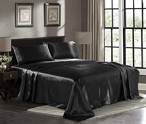 Satin Sheets King [4-Piece, Black] Hotel Luxury Silky Bed Sheets - Extra Soft 1800 Microfiber Sheet Set, Wrinkle, Fade, Stain Resistant - Deep Pocket Fitted Sheet, Flat Sheet, Pillow Cases