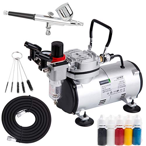 Timbertech Airbrush Kit with Compressor AS18-2K Basic Start Kit with Air Hose, Cleaning Brush & Test Paints for Hobby, Body Tattoo, Graphic and Any Other Airbrush Application