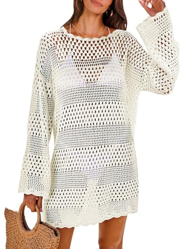 ANRABESS Women Swimsuit Crochet Swim Cover Up Summer Bathing Suit Pool Swimwear Mesh Knit Coverups Beach Dress 2024 Spring Vacation Travel Outfits Fashion Clothes 958baise-L White