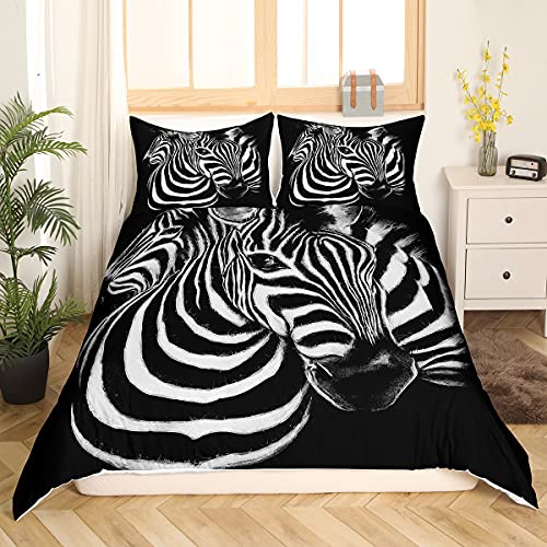 Feelyou Zebra Duvet Cover Set Queen Size 3D Horses Steed Pattern Print Bedding Set Africa Wild Animal Comforter Cover Personalized Bedspread Cover Microfiber Bed Cover Blue White Zipper 3 Pcs
