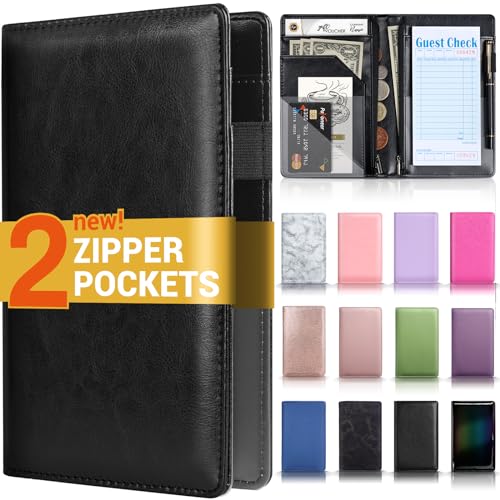 Server Book with 2 Zipper Pockets, Leather Server Books for Waitress, Waiter Book, Sturdy Waitress Book with Money Pocket and Zipper, Servers Book Server Booklet Checkbook Fit Server Apron (Black)