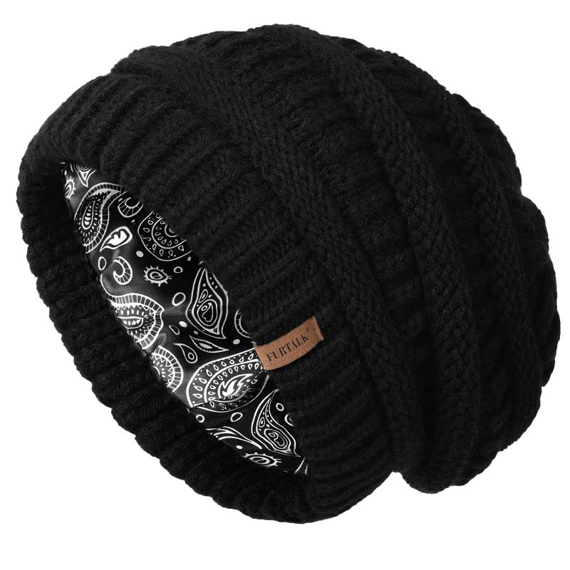 FURTALK Winter Beanie for Women Satin Lined Warm Knit Skull Slouch Beanie Hat (Black-Satin Lining, One Size)