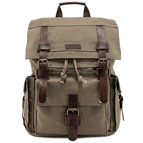 Kattee Men's Canvas Leather Hiking Travel Backpack Army Green