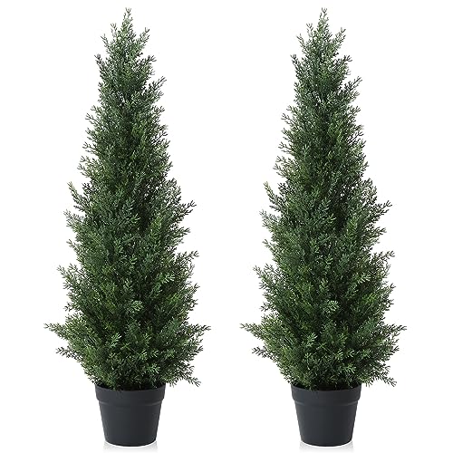Laiwot 3FT Artificial Cedar Topiary Trees for Outdoors Potted Fake Cypress Trees Faux Evergreen Plants for Home Porch Decor Set of 2