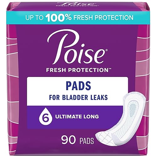 Poise Incontinence Pads & Postpartum Incontinence Pads, 6 Drop Ultimate Absorbency, Long Length, 90 Count (2 Packs of 45), Packaging May Vary