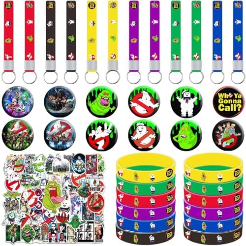 86 Pcs Ghost-busters Party Supplies,Ghost Party Favor Set Includes 12 Bracelets, 12 Brooches, 12 Keychains, 50 Stickers, Suitable for Boys Girls Kids Themed Birthday Gift, Classroom Rewards