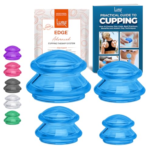 LURE Essentials Edge Cupping Therapy Set - Silicone Cupping Kit for Massage - 4 Cups for Cupping Therapy, Blue