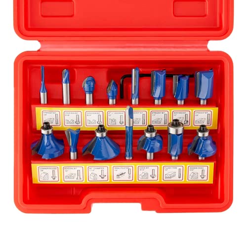 HILTEX 10100 Tungsten Carbide Router Bits, 15 Piece Router Bit Set, 1/4” Router Bit Shank Tungsten Carbide Router Bits, Chamfer Router Bits for Woodworking on Wood , Blue