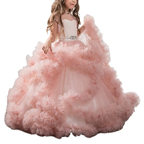 Stunning V-Back Luxury Pageant Tulle Ball Gowns for Girls 2-12 Year Old Pink,Size 6