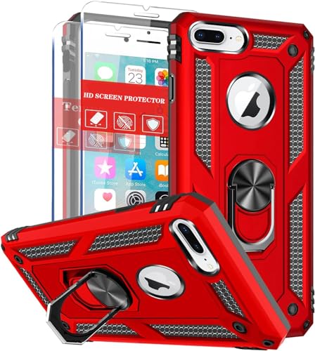 SunRemex for iPhone 8 Plus Case, iPhone 7 Plus Case, iPhone 6/6s Plus Case with HD Screen Protector & Kickstand [Military Grade] for iPhone 8/7/6/6s Plus. (Red)