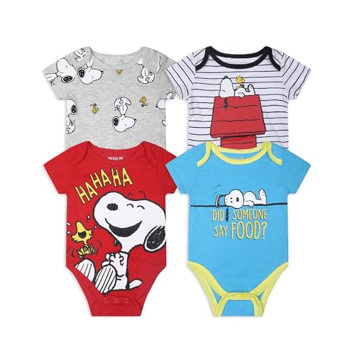 Peanuts Snoopy Boys’ 4 Pack Short Sleeve Bodysuit for Newborn and Infant – Red/White/Blue/Grey