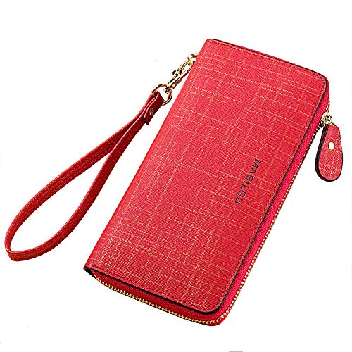 Wallet for Women Wristlet Large Cell Phone Wallet Case Pocket Long Card Holder Coin Purse Bifold RFID Blocking Zipper Clutch Handbag Leather Travel Evening Bag Gifts for Girls Ladies (Red 01)