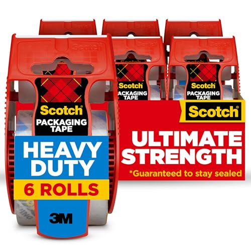 Scotch Heavy Duty Shipping and Moving Packing Tape, Clear, Packing and Moving Supplies, 1.88 in. x 22.2 yd., 6 Tape Rolls with Dispensers