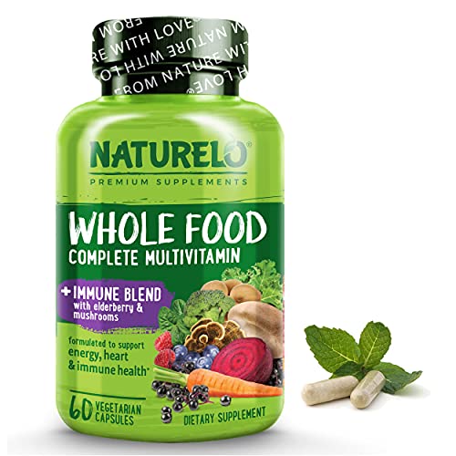 NATURELO Whole Food Multivitamin + Immune Blend with Elderberry & Mushrooms - Complete Multivitamin with Extra Immune Support - C, D3, Zinc, Elderberry, Reishi, Shitake - 60 Vegan Capsules