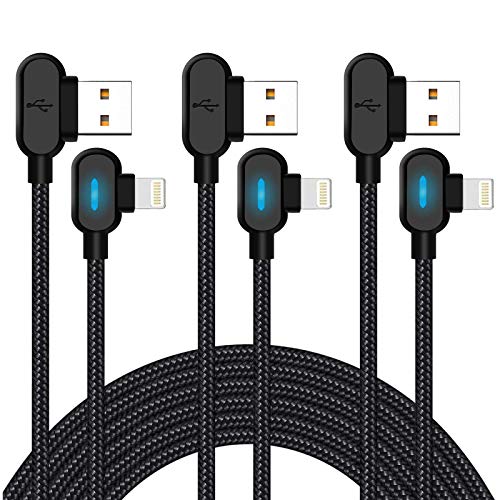 Quickeep 90 Degree iPhone Charger 3 Pack 10ft Right Angle Lighning Cable with Blue LED Light Fast Charging Cable Nylon Braided Cord Compatible with iPhone 12 11 Xs MAX XR X 8 7 6s Plus (Black)