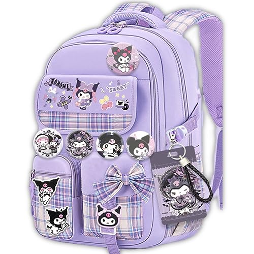 Kawaii Backpack with 18Pcs Accessories Anime Cartoon Anti-Theft Travel Aesthetic New Semester Gifts Bag with Cute Pins (Purple-04)