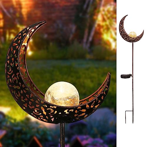 HOMEIMPRO Moon Solar Garden Lights Outdoor Stakes, Waterproof Crackle Glass Metal Decorative Lights for Lawn, Patio Accessories, Backyard Decor, Birthday,Mothers' Day Gift Mom (Bronze)
