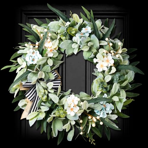 WREATHOME Lambs Ear Wreaths for Front Door Year Round, 20 Inch Green Artificial Wreath for Spring Summer, Farmhouse Wreath for Porch, Indoor Outdoor Decor