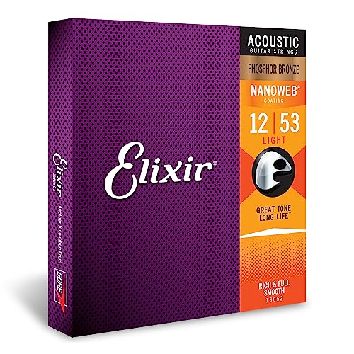 Elixir Strings - Acoustic Phosphor Bronze with NANOWEB Coating - Elixir Acoustic Guitar Strings - Light (.012-.053)
