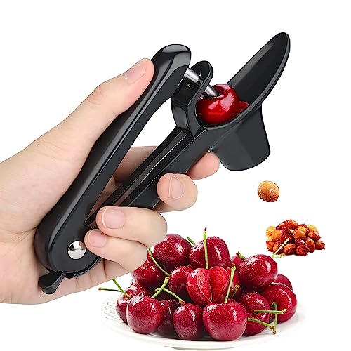 Cherry Pitter - Stainless Steel Olive and Cherries Pitters Corer Tool with Space-Saving Lock Design, Multi-Function Fruit Pit Remover for Cherry Jam (Black)