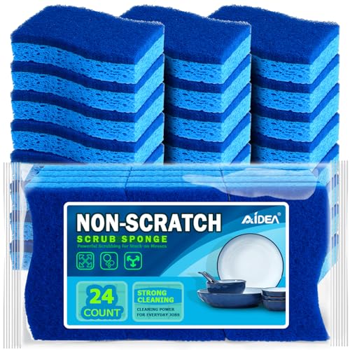 AIDEA-Brite Non-Scratch Scrub Sponge-24Count, Sponges for Dishes, Sponges Kitchen, Cleaning Sponge, Cleans Fast without Scratching, Stands Up to Stuck-on Grime, Cleaning Power for Everyday Jobs