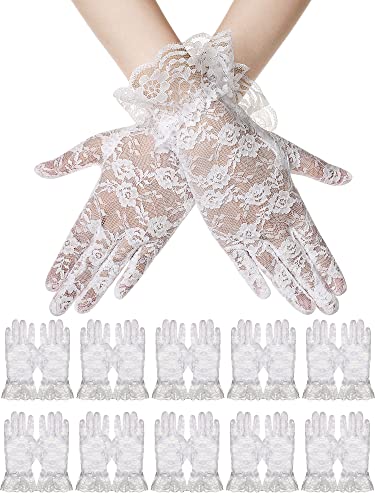 16 Pairs Ladies Lace Gloves Elegant Short Floral Gloves Women Summer Tea Party Gloves Wedding Costume Accessories (White)