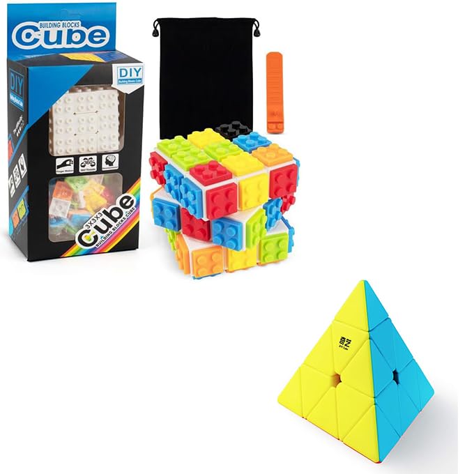 D-FantiX Building Brick Blocks 3x3x3 Speed Cube Toy & QYTOYS Qiming Pyramid Speed Cube
