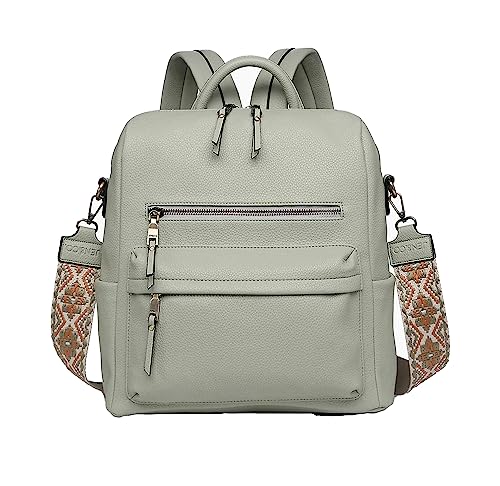 Jen & Co. BP1993-LSG Amelia Vegan Leather Backpack with Removable Aztec Print Crossbody Guitar Strap, Light Sage